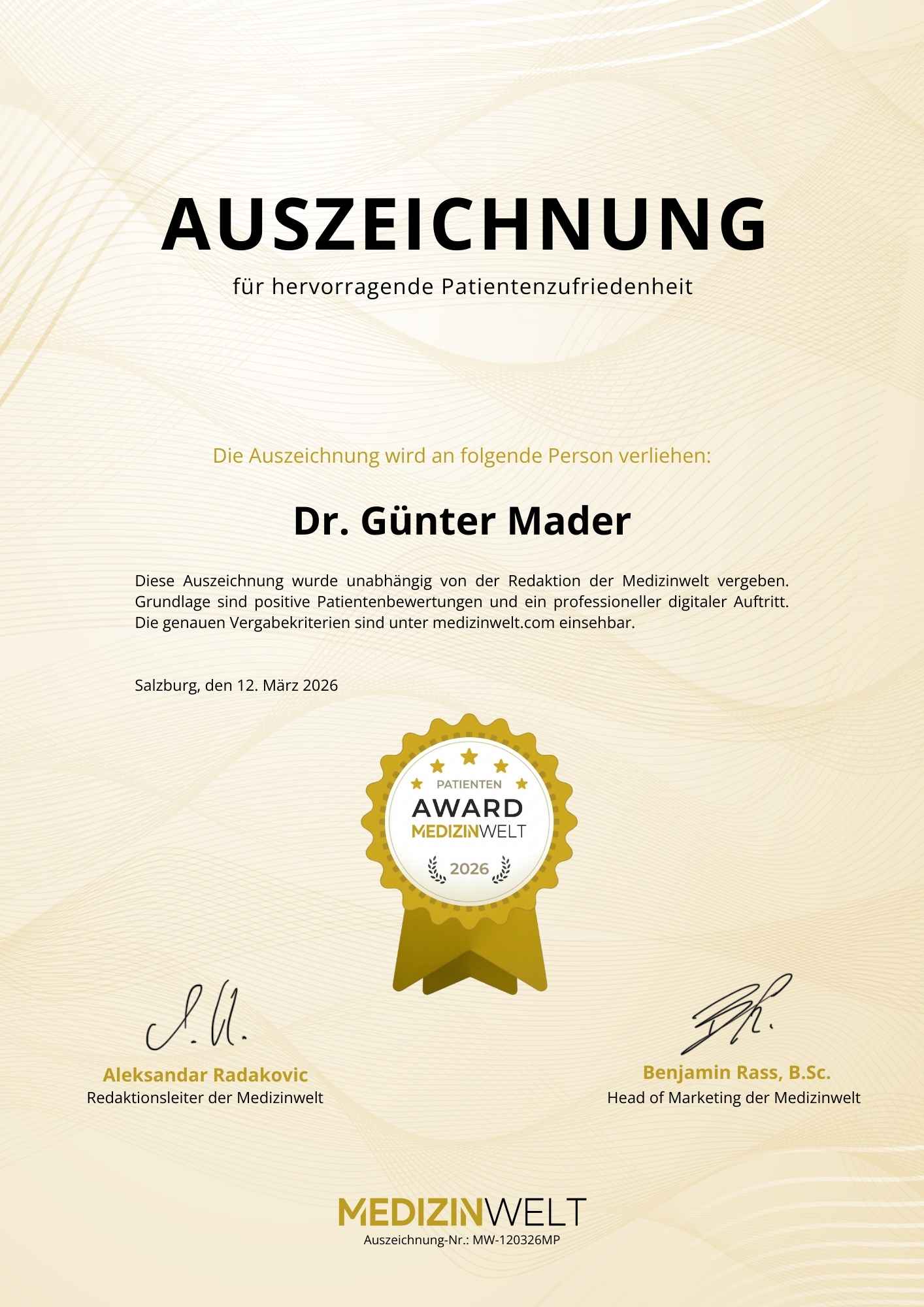 Medizinwelt Auszeichnung für Dr. Günter Mader